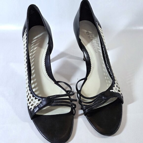 Enzo Angiolini Black & White Leather Open Toe Heels Size 8 - Picture 2 of 4